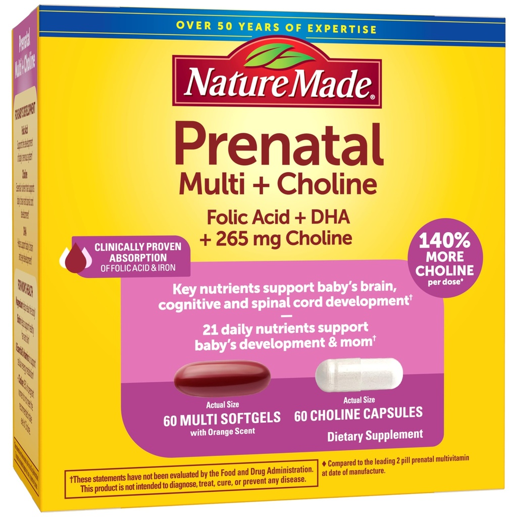 Natureza Made Pré-Natal Vitamina Softgels + Cápsulas de Colina, Ácido Fólico + DHA + Colina, 60 Vitaminas Pré-Natais para Mulheres, 60 Suplementos de Colina Cápsulas, 60 Dia de Fornecimento