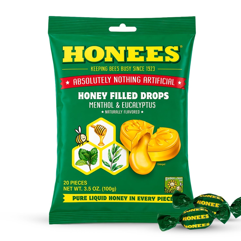 Honees Honey Menthol Cough Drops - 20-Piece, Pacote único Lozenges filtrado de mel , alívio temporário da tosse , acalma a garganta dor , tudo natural