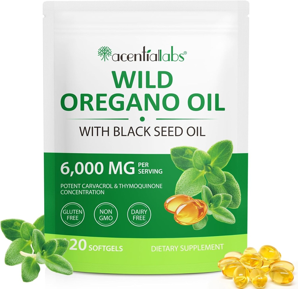 Óleo de Orégano com óleo de semente preta ,Óleo de Orégano Softgels 6000mg por serviço ,2 em 1 Formulado com óleo de semente preta 200mg ,Óleo de Orégano orgânico ,Gluten Free ,Dairy Free ,120 Count(1 Pack )