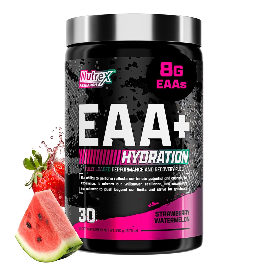 Nutrex Research EAA Hydration (Hidratação) EAA + BCAA Powder (Hidratação) Recuperação muscular, Força, Construção muscular, Endurance (Hidroácidos Essenciais 8G) + Eletrólitos (Hidrometria de Morango) 30 Servindo
