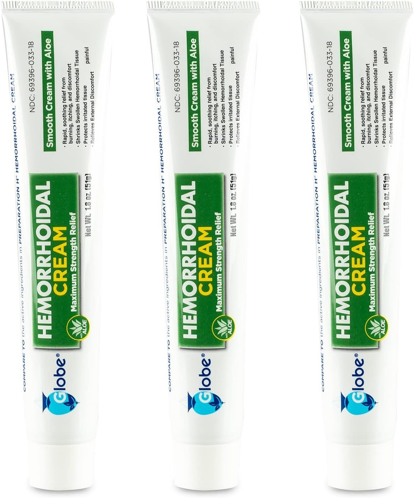Globo (3 Pack) Creme de hemorróidas, alívio com Aloe, (1,8 Tubo de Onça) alívio de hemorróidas, Piles, Coceira, Queimando, Desconforto, & Mais