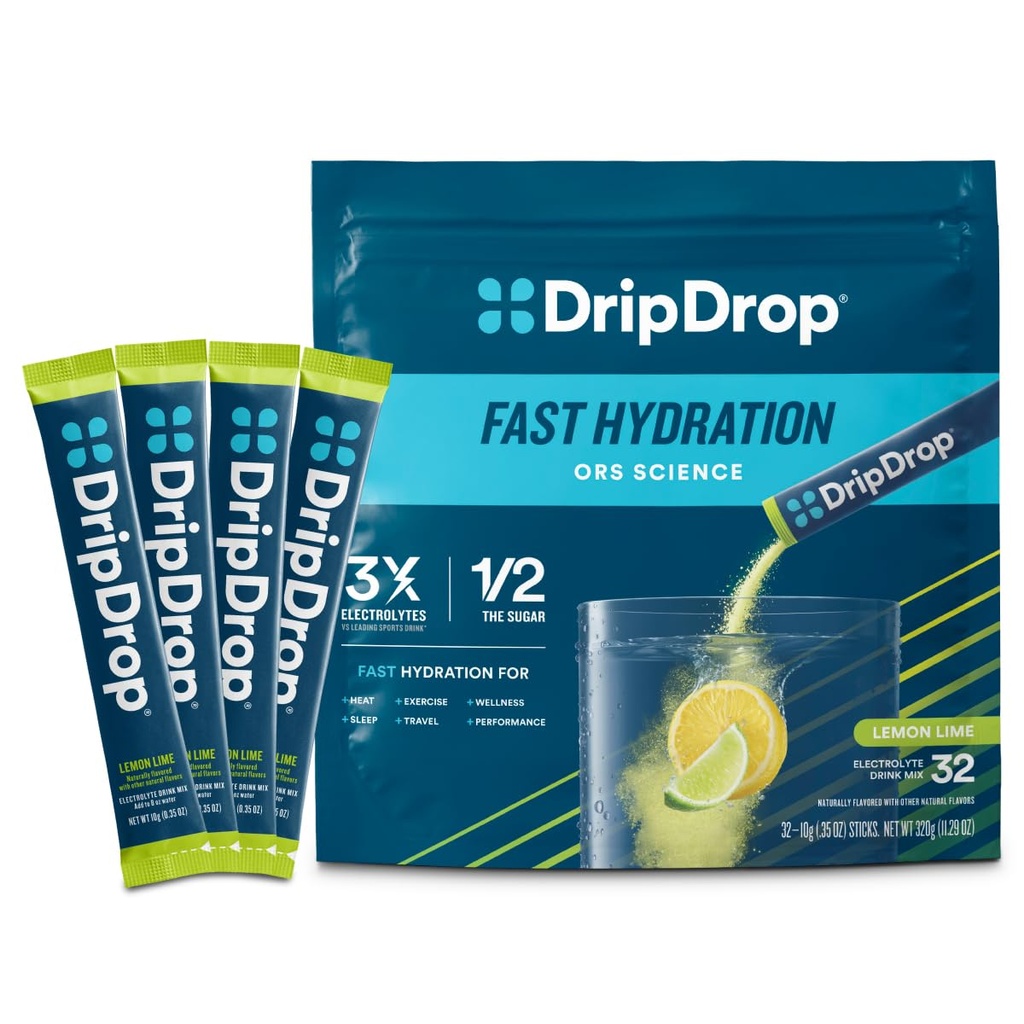 DripDrop Hydration Packets - Limão - Eletrólitos de serviço único mistura de bebida em pó - Não-GMO, Gluten Free, Vegan - 32 Sticks