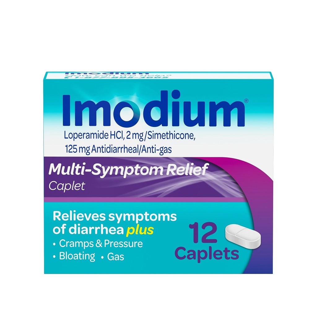 Imodium Multi-Symptom Relief Caplets, Loperamida Hydrocloreto e Simethicone Antidiarreia Medicina para alívio de Diarreia, Gás, Bloating, Cães & Pressão, HSA/FSA Elegível, 12 quilates