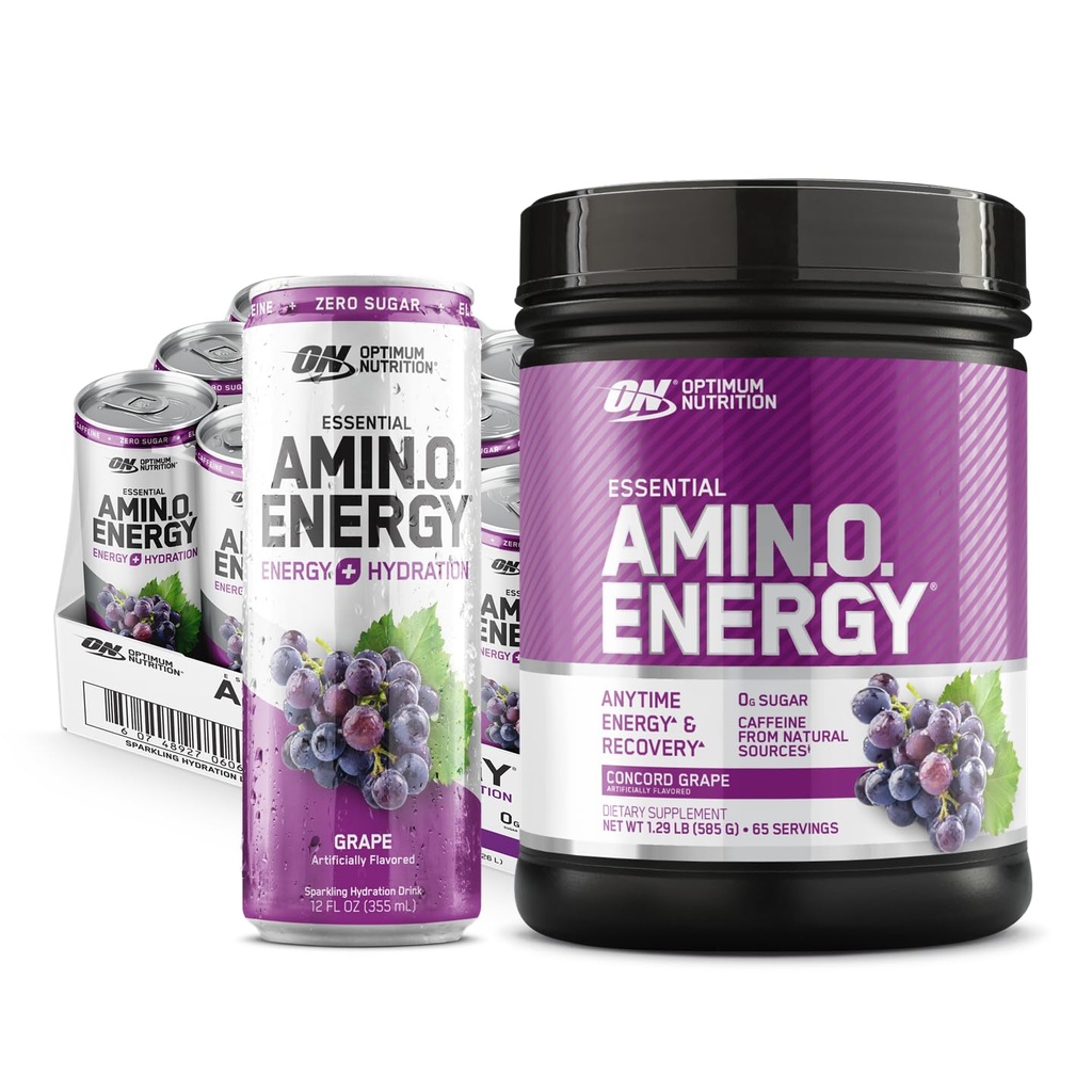 Optimum Nutrition Amino Energy Powder: Concord Grape (65 Servings) com Essential Amino Energy Plus Electrolyes Sparkling Drink: Grape (12 latas) - Pacote