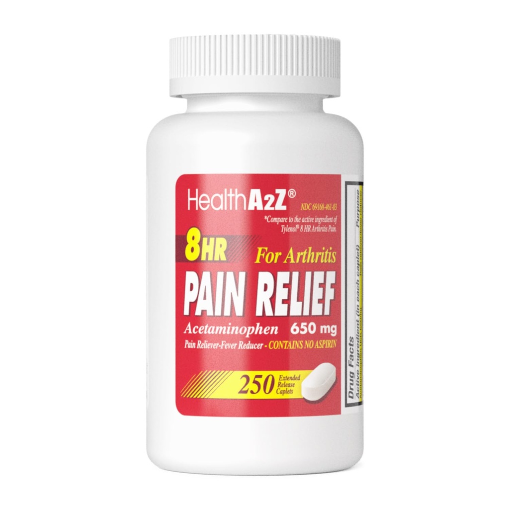 HealthA2Z® Pain Relief Extended Release - Acetaminofeno 650mg       , 8 Horas , Arthirite Dor , Reliever - Redutor de Febre , Não contém aspirina , (250 Caplets)