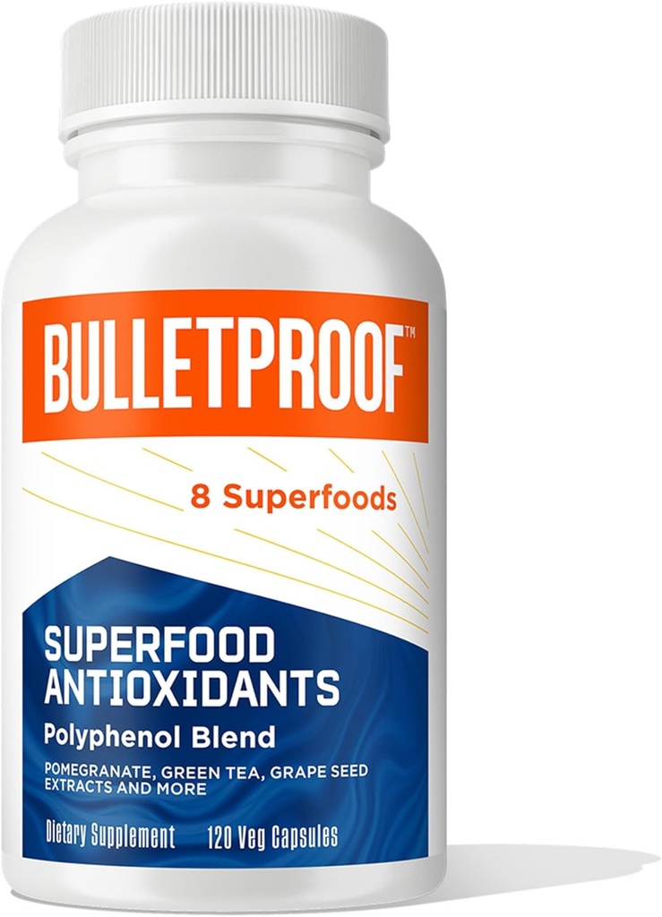 Cápsulas antioxidantes à prova de balas Superfood, 120 Cápsulas, Suplemento para lutar livre-radicais e suporte Envelhecimento saudável, mistura de polifenol, embalagem May Vary