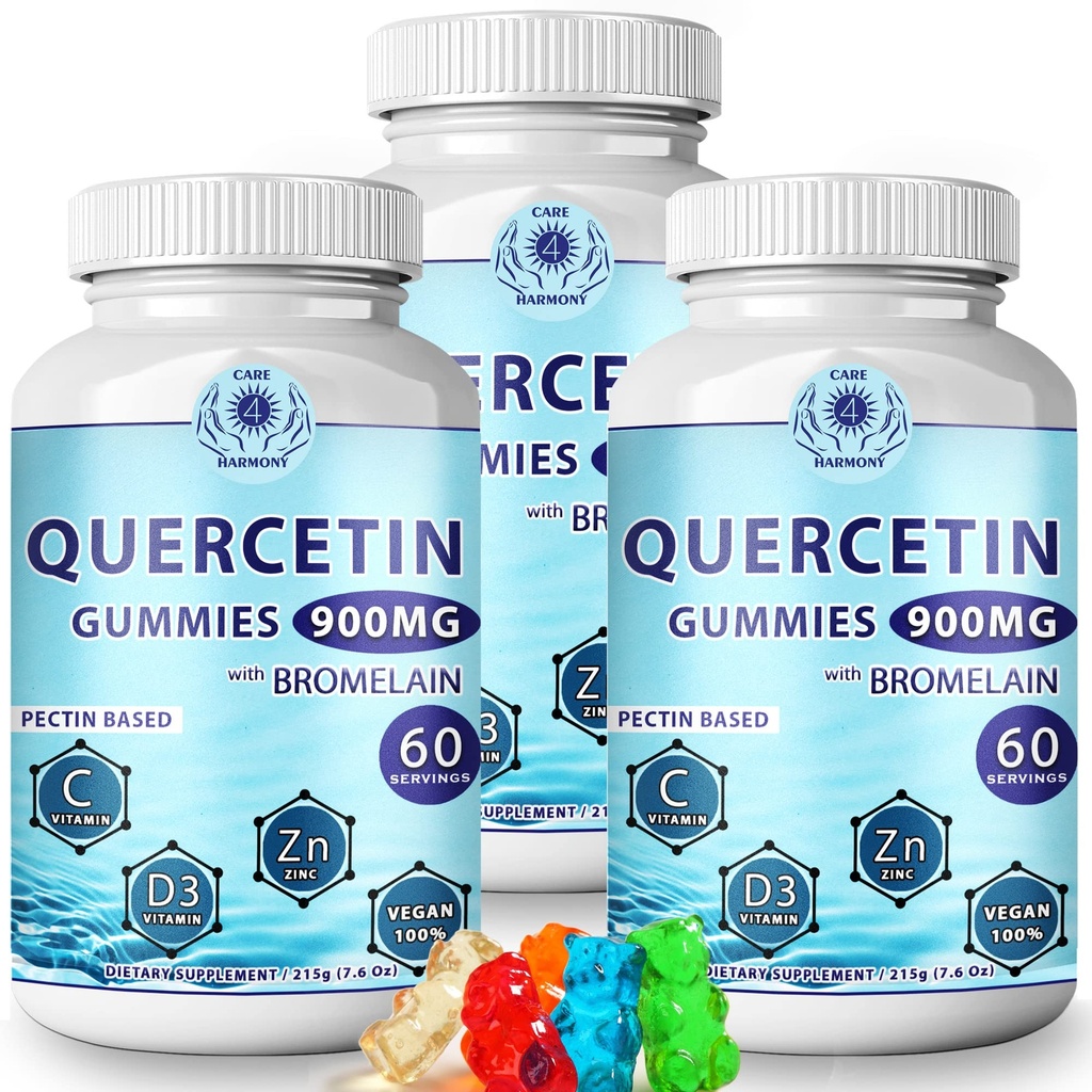 (3Pack) Quercetin Gummies - Quercetin com bromelaína Vitamina C + Zinc Vitamina D3 – Chewable Quercetin 900mg Suplementos - Quercetin para Crianças e Adultos (3)