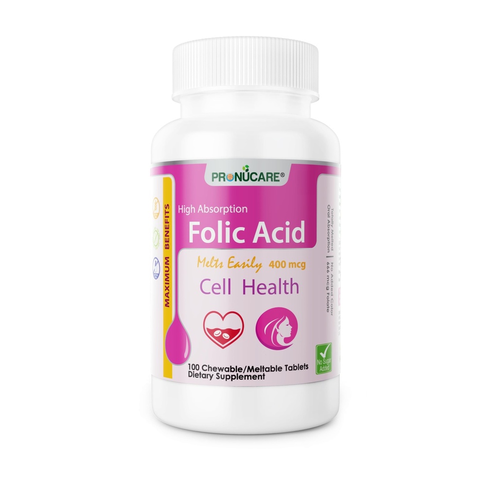Ácido Fólico 400 mcg Comprimidos de Lozenge Buccal – Solução lenta para Absorção Rápida, Suporte Tubo Pré-Natal e Neural, Livre de Açúcar, 100 CT