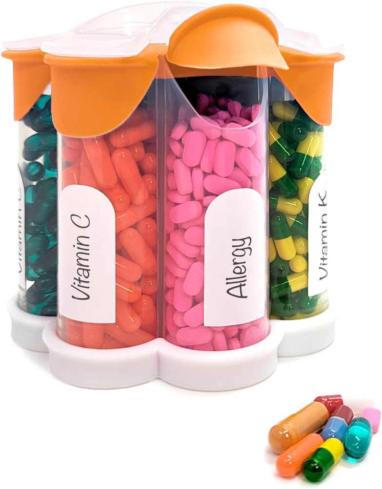 Organizador de comprimidos extra grande diário, semanalmente, garrafa de suplemento mensal, Dispensador de comprimidos bonito Blossom com 7 compartimentos XL, caixa de pílulas fácil de abrir para vitaminas, medicamentos, rótulos incluídos (laranja)