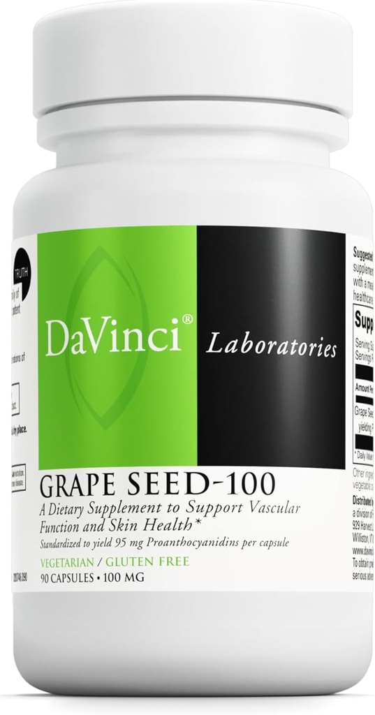 DAVINCI Labs Grape Seed-100 - Suplemento dietético de suporte Sistema imunológico, função vascular e pele saudável* - com 100 mg de extrato de semente de uva por serviço - sem glúten - 90 Cápsulas vegetarianas