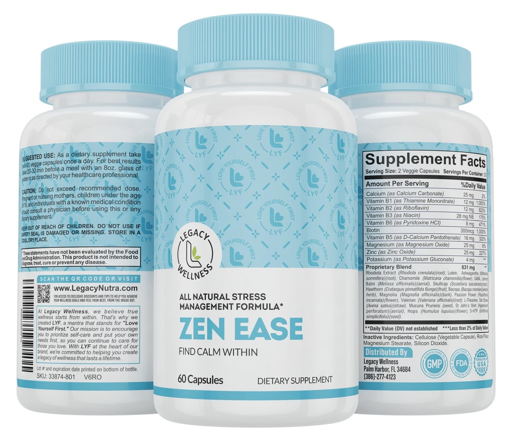 Legacy Wellness Zen Faase Calm Mind Supplement - Natural Vegan Formula - 5-HTP, Ashwagandha, St. John's Wort, L-Theanina, Magnésio, B-Vitaminas - Cápsulas para promover um bom sentimento de paz