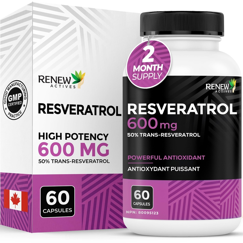 Renew Actives Resveratrol Suplemento 600mg por serviço - Complexo antioxidante de alta potência com 50% Trans-resveratrol – Suporta Saúde Celular & Longevidade - Made in Canada – 60 Cápsulas Vegan