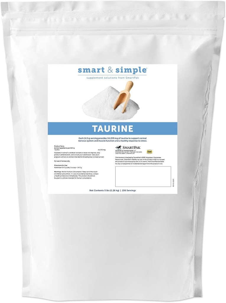 Smart & Taurine simples em pó Suplementos de cavalos , 14,200 mg de Taurine para cavalos , Suporta músculos Estrutura externa e interna , Suporta um comportamento calmo , 156 Servimentos , 5 lb