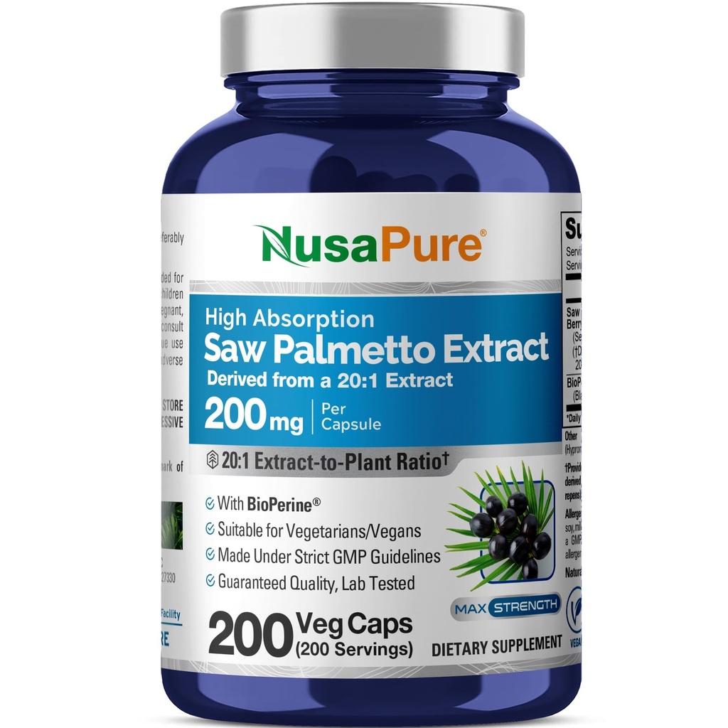 NusaPure Saw Palmetto 20:1 Extract, 200 mg Equivalente a 4.000 mg por Veggie Caps 200 Count Non-GMO, Vegan, Vegetarian, Bioperine