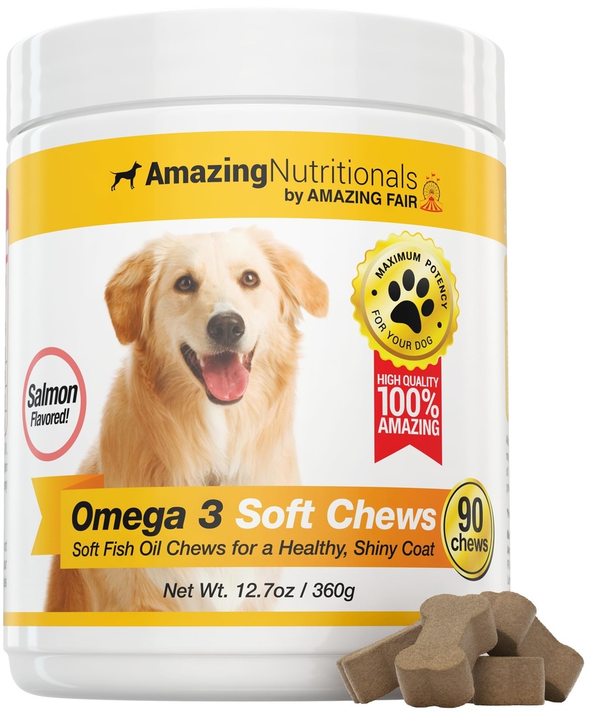 Incrível Omega 3 para cães - Óleo de peixe Omega 3 para cães Suplemento para alívio da pele comichão para pele seca e manchas quentes e revestimento de descamação com ácido gordo EPA e DHA - 90 mastigação suave salmão