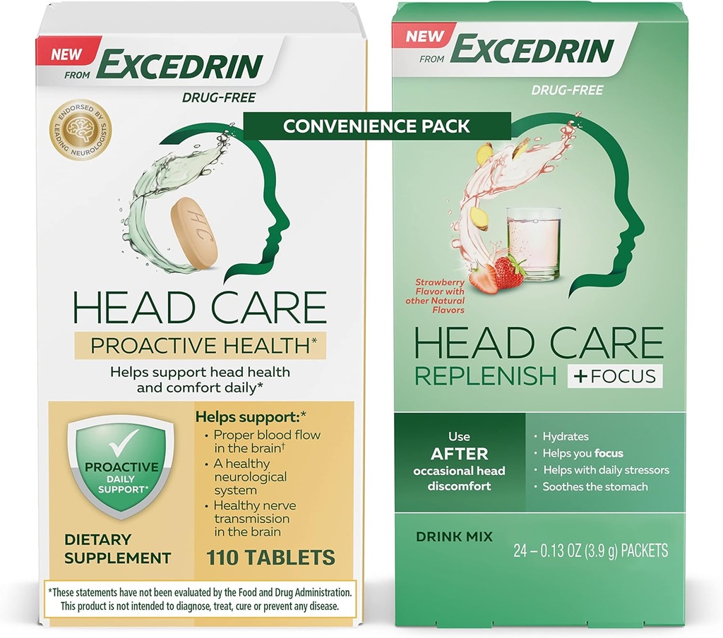 Excedrin Head Care Proactive Health Dietary Supplement - 110 Count and Head Care Replenish Plus Focus Drink Mix de 24 pacotes Pacote Conveniência