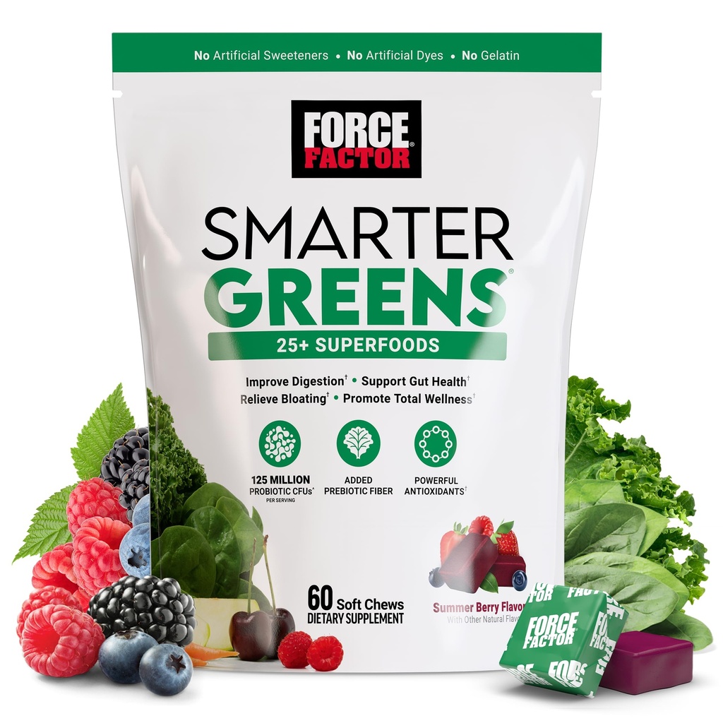 FORCE FACTOR Verdes Mais inteligentes Superfood Mastiga, Verdes e Superfoods com Probióticos, Antioxidantes e Fibra, Suplemento Verdes para Suportar Digestão, Óxido nítrico e Energia, 60 Mastigações Macio