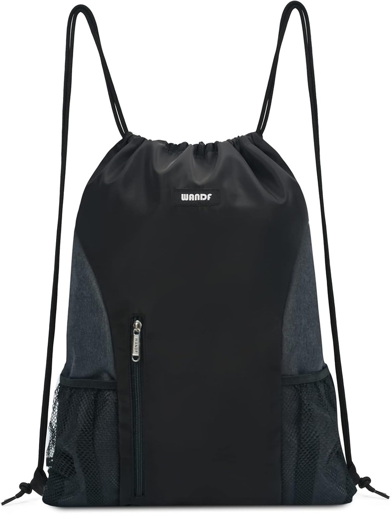 WANDF Drawstring Backpack Sports Gym Sackpack com malha bolsos água resistente saco de cordas para mulheres homens (preto)