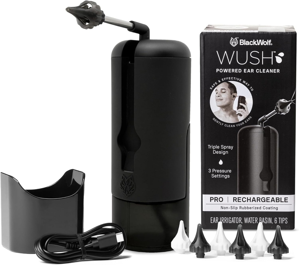 Wush Pro By Black Wolf- Deluxe Água Powered Ear Cleaner - seguro e eficaz- elétrico Triple Jet Stream 3 configurações de pressão para a formação de cera de ouvido- Ear Wax Removal Kit - Resistente à água USB recarregável