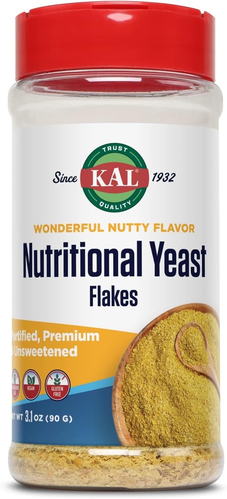 KAL Nutritional Yeast Flakes, Fortificado com B12, Ácido Fólico & outras vitaminas B, Não adoçado, Grande sabor de noz, Vegan & Gluten Free, 60-Day dinheiro de volta garantia, Feito nos EUA, 20 Servings, 3.1oz