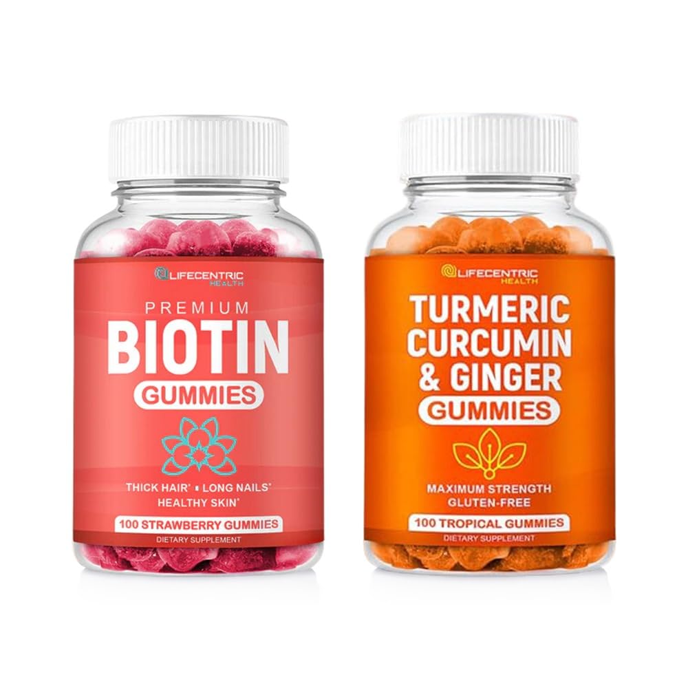 Biotin & Turmeric Vegan Gummies Combo □ Crescimento do cabelo de força máxima, saúde da pele, e bem-estar geral □ 10000mcg Biotin & 95% Curcumina Turmérica padronizada □ Natural, não-GMO e sem glúten Suplemento