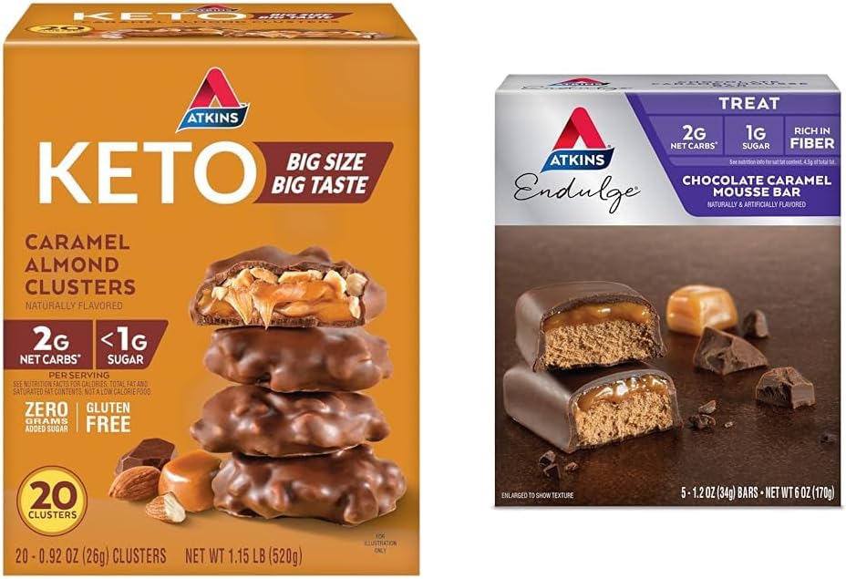 Atkins Caramel Ammond Clusters, Glúten Livre, Alta em Fibra, 1g de Açúcar, 2g de Carb Net, Keto Friendly, 20 Count & Endulge Chocolate Caramel Mousse Bar, Sobremesa Favorito, 1g de Açúcar, Alta em Fibra, 5 Count