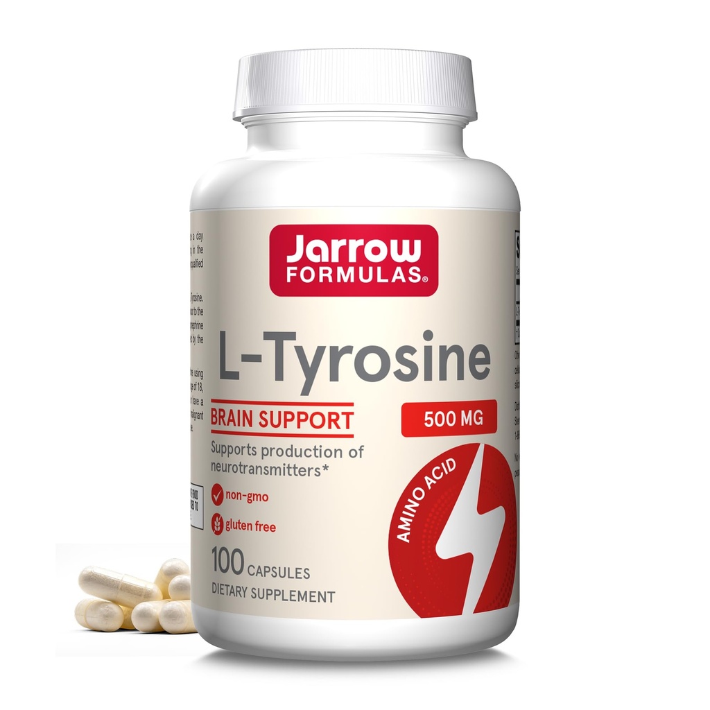 Jarrow Formulas® L-Tirosina 500 mg, Suplemento dietético, Suplemento Aminoácido para Apoio à Saúde do Cérebro, 100 Cápsulas, Fornecimento de 100 dias