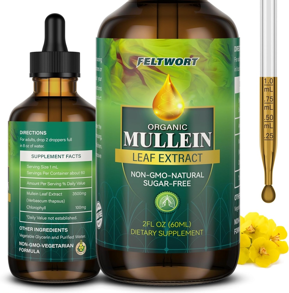Mullein Drops - Lung Cleanse - Extrato de Folha - Mullein poderoso para suporte imunológico, detox e suporte respiratório - Suplementos de ervas - 2 Oz-6