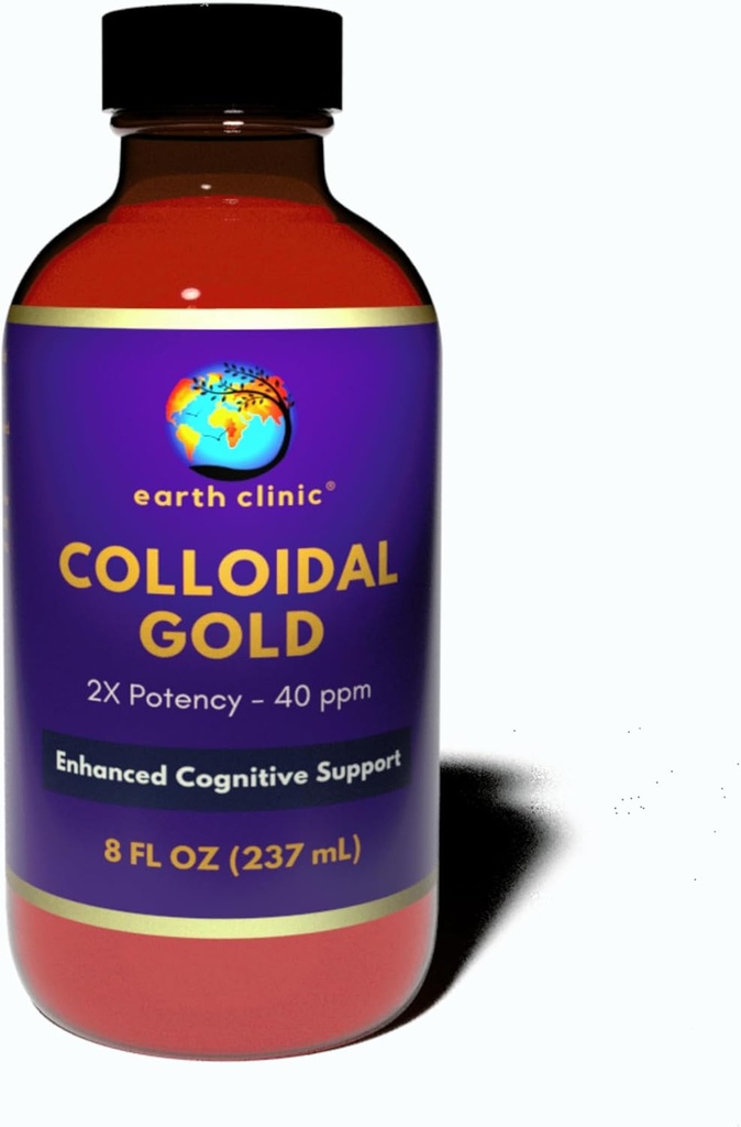Earth Clinic ® Coloidal Gold - 2X concentrado 40 ppm, 8 fl oz Amber Garrafa para melhor saúde cerebral e suporte cognitivo