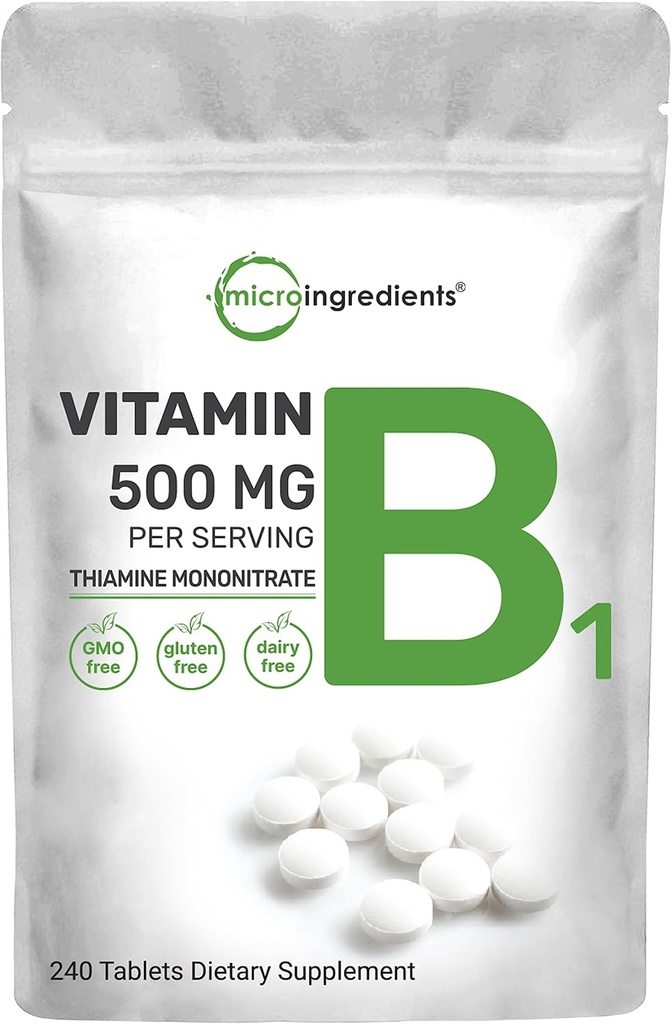 Micro Ingredientes Vitamina B1 500mg por serviço, 240 comprimidos □ Suplemento de vitamina B1 tiamina, vitaminas B Essential Suporta Metabolismo e Sistema Nervoso Saudável