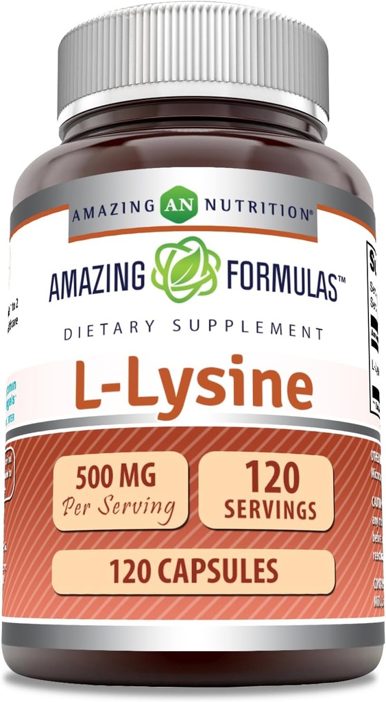 Fórmulas surpreendentes L-Lysine 500 mg Cápsulas Amino Acid Supplement (Suplemento de Ácido Amino) Não-GMO (Gluten Free)