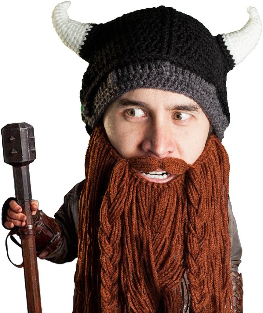 Cabeça de barba Viking Pillager - Original Handmade Knit Viking Horn Capacete e Removível Braided Brown / Black Beard