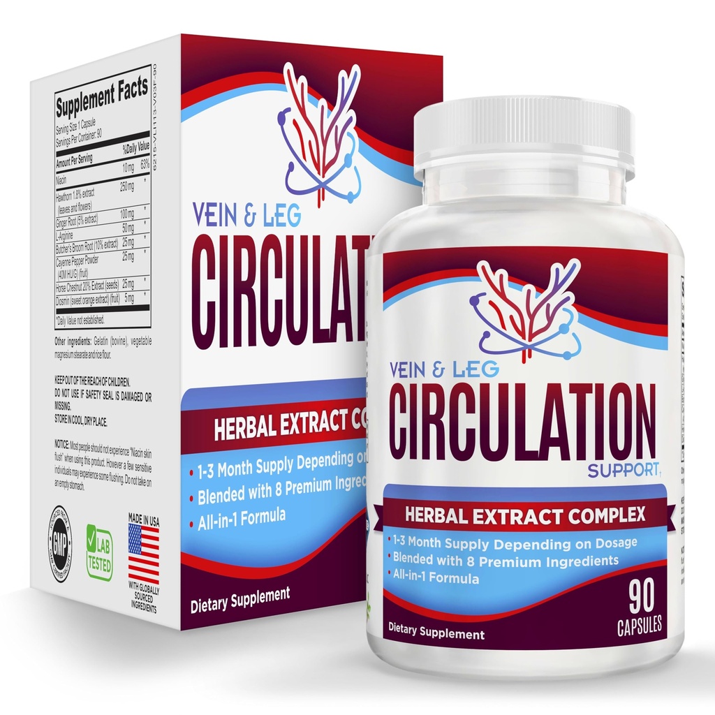 Vein & Leg Circulation Supplement (All-in-1) Health Support with 8 Active Ingredients . Fórmula de reforço de circulação de sangue . Leg & Vein Supplements .