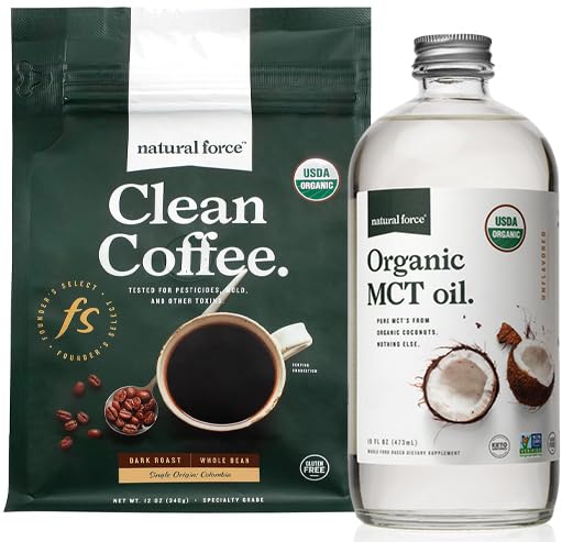 Natural Force Orgânico escuro assado limpo café + pacote de óleo MCT orgânico – 100% puro coco MCTs & Molde & Micotoxina café gratuito – Não-GMO, Keto, Paleo, e Vegan - 12 Oz e 16 Oz