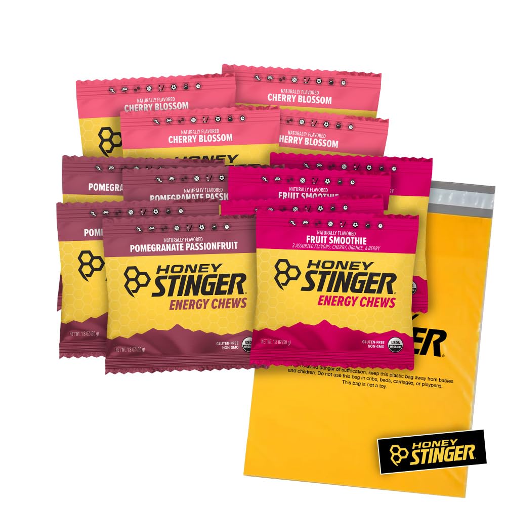 Honey Stinger Organic Energy Chews – Variety Pack – 12 Count – 4 de cada sabor – Chewy Gummy Energy Source – Cherry Blossom, Fruit Smoothie & Pomegranate Passionfruit – Plus Sticker and Polybag