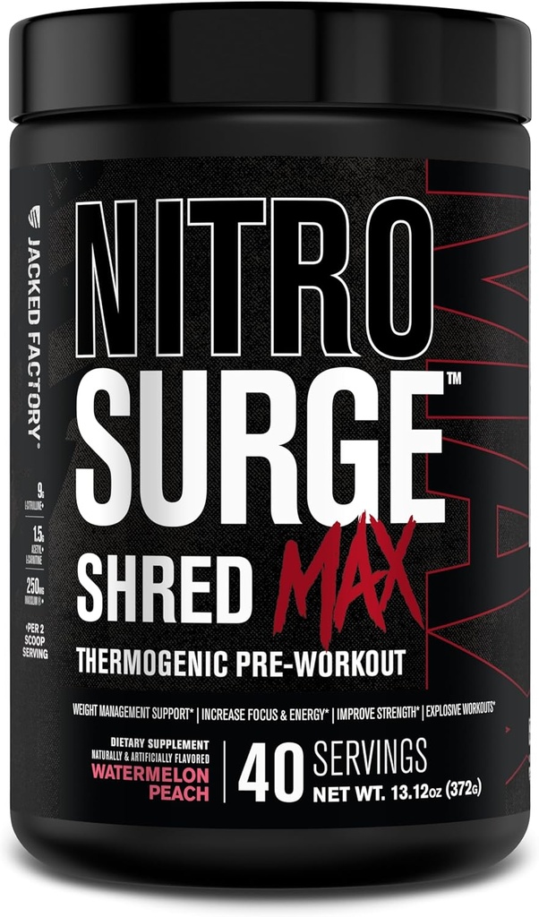 Fábrica Jacked Nitrosulge Destruiu Max Pré-treino - Alto desempenho Termogênico Pré- Treino Pó para Homens e Mulheres - L Citrulina, Acetil L Carnitina, Cafeína Orgânica - 40 Servings, Pêssego de Melancia
