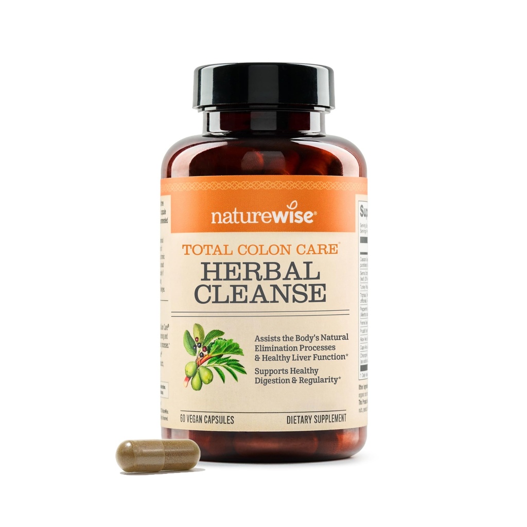 Naturewise Total Colon Care Herbal Cleanse - Com Prebióticos, Botânicos, & Antioxidantes - para o movimento normal do intestino, Digestão, Gut Saúde - Vegan, Sem glúten, Não-GMO - 60 Cápsulas[2-Month Supply]