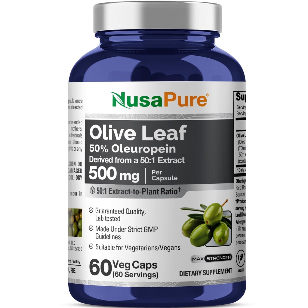 NusaPure Olive Leaf 50:1 Extract, 500 mg Equivalente a 25.000mg - 50% Oleuropein Vegan/Vegetarian - Super Força Sem Óleo 60 Cápsulas