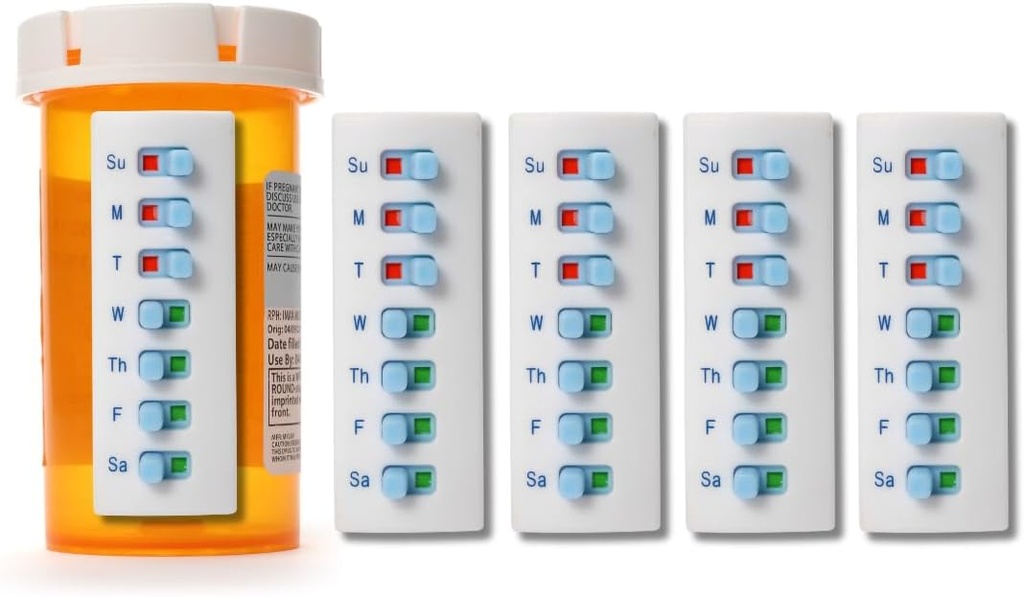 Reutilizável para 12 + Refils, Pill/Medication/Vitamina/Pet Med Tracker & Lembrete, Anexar à sua garrafa, livre de organizador, Curved-Back (Branco, 5-Pack)