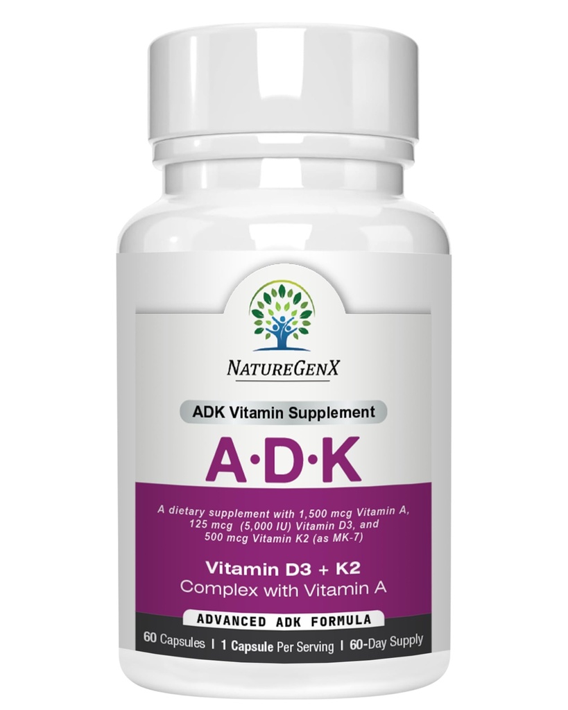ADK Suplemento de Vitamina 5000 UI - Vitaminas de alta potência A, D3 e K2 para a saúde óssea e absorção de cálcio