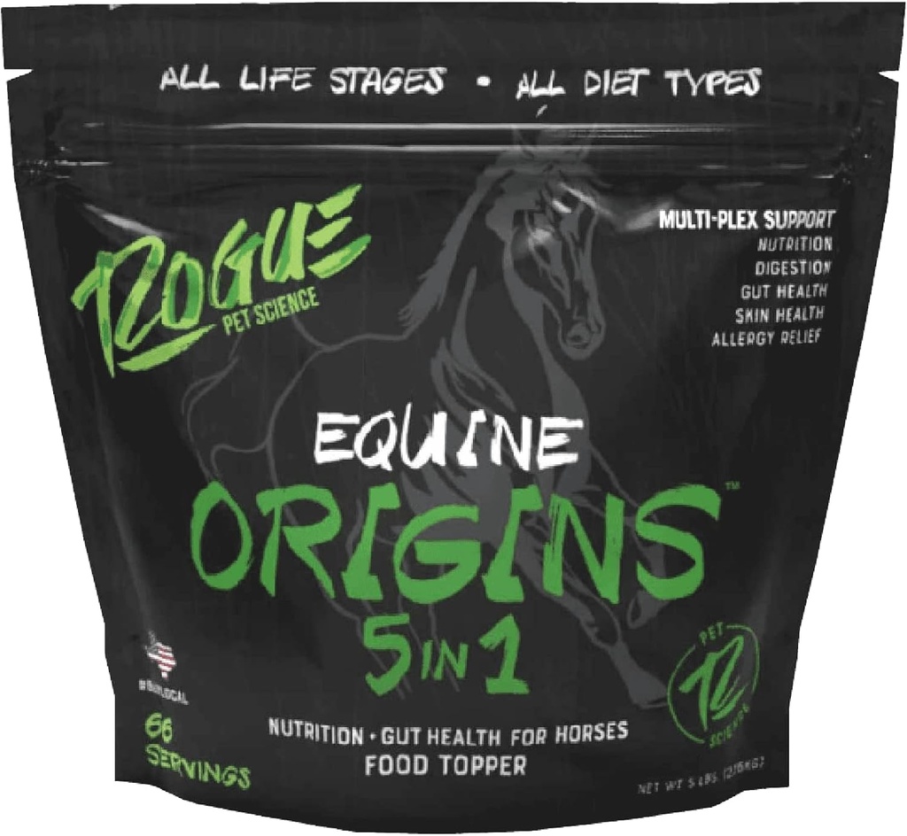 ROGUE PET CIÊNCIA Origens 5-em-1 Horse Supplement - Pelleted Equine Food Topper w/Natural Omega 3 Fish Oil - Suporta Gut Health, Ulcer Relief & Joints-Ajuda Alergias, Pele e Revestimento Saúde (5 lbs)