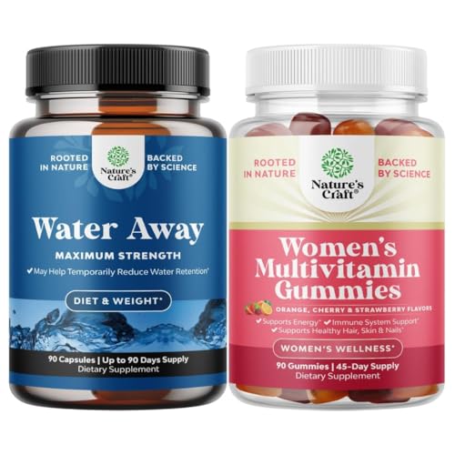 Pacote de comprimidos de água - Suplemento de retenção de líquidos com extrato de folha de dente-de-leão para alívio de inchaço - Cápsulas para inchaço de pernas e pés e gomas multivitamínicas para adultos Energia & Imunidade