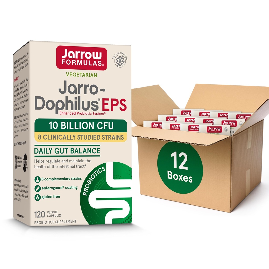 Jarrow Fórmulas Jarro-Dophilus EPS Probióticos 10 bilhões de UFC para suporte de trato intestinal, Suplemento Probiótico para Gut Saúde para Mulheres e Homens, 120 Cápsulas Veggie, Até um suprimento de 60 dias,Pack de 12
