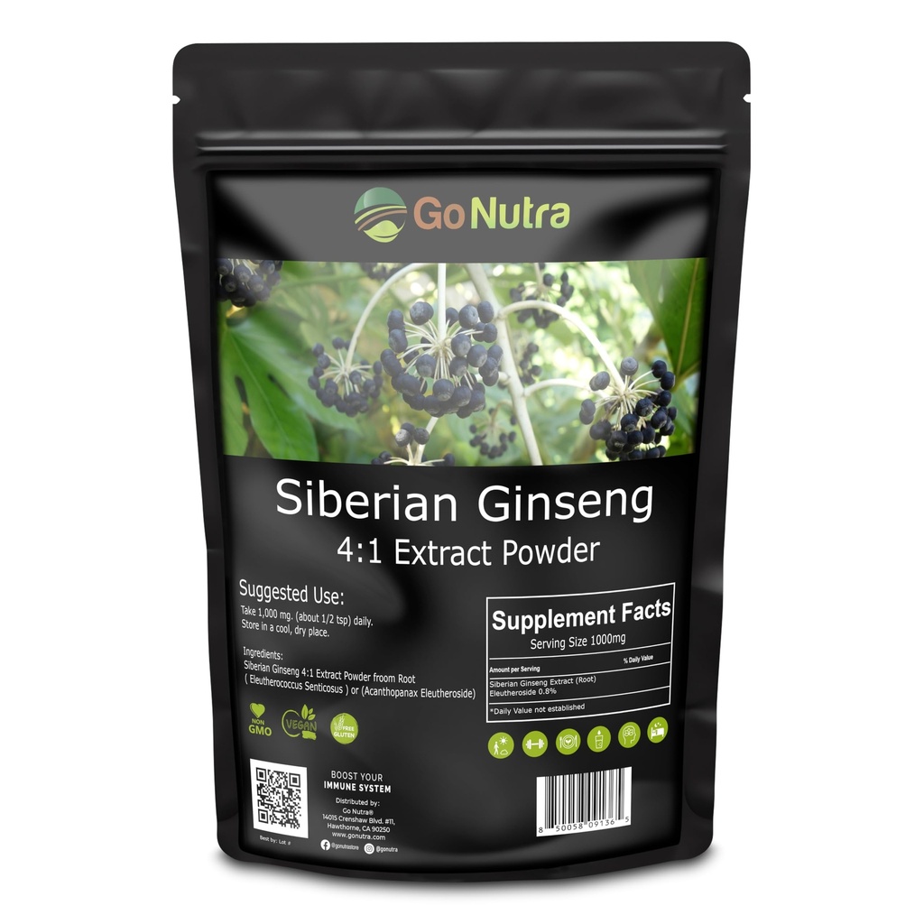 Go Nutra Siberian Ginseng - Eleuthero Root Powder - 4:1 Extract 4X Times Stronger