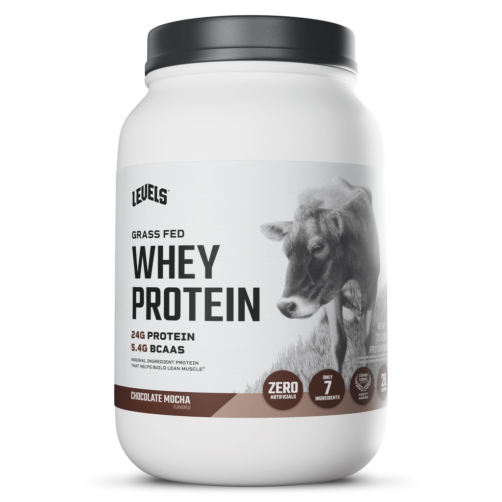 Níveis de proteína de whey alimentado de grama em pó, sem artificiais, 24G de proteína, Mocha de chocolate, 2LB