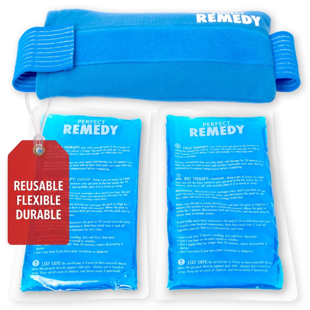 Pacotes de gelo perfeito Remedy 2-Pack Gel para lesões com capa de correia, compressão fria quente flexível, pacificando pacotes de gelo macio para ajudar em condições de lesões, alternativa a garrafas de água quente (azul, regular)