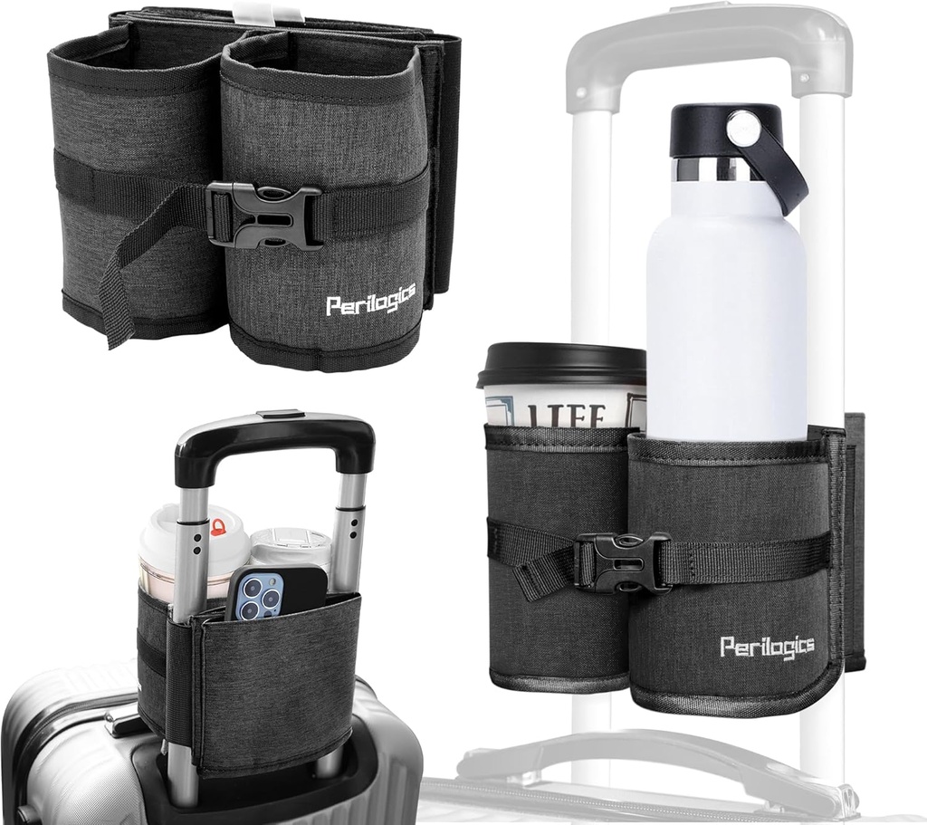 Perilogics Bagagem Suporte de copo de viagem mãos livre bebida Caddy para Mala alça. Avião perfeito viagem presente acessório essencial para viajante freqüente, participante de voo ou com crianças (Dark Gray)