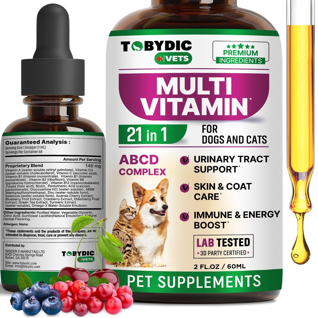Cat & Dog Multivitamin 21 em 1 Pet Suplementos com Cranberry & Glucosamina - Medicina Natural e Suporte para ITU, Trato urinário, Bexiga, Rim, Revestimento da pele, Tratamento de articulações Made in USA