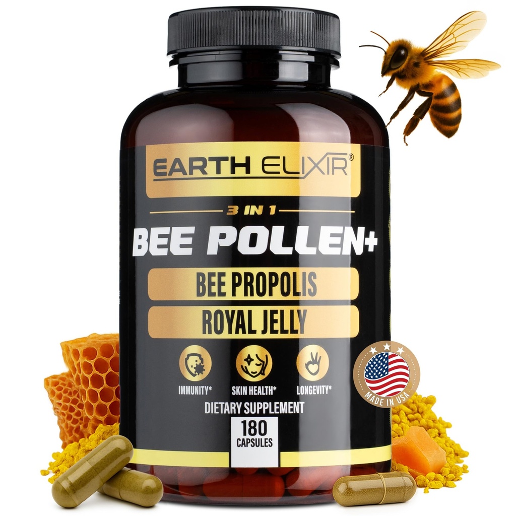 Terra Elixir 3-em-1 cápsula de pólen de abelha orgânica – Não-GMO, Puro cru Bee Pollen, Royal Jelly, Extrato de própolis para mulheres e homens – Energia Natural, Imune & Vitality Support – 180 cápsulas de própolis