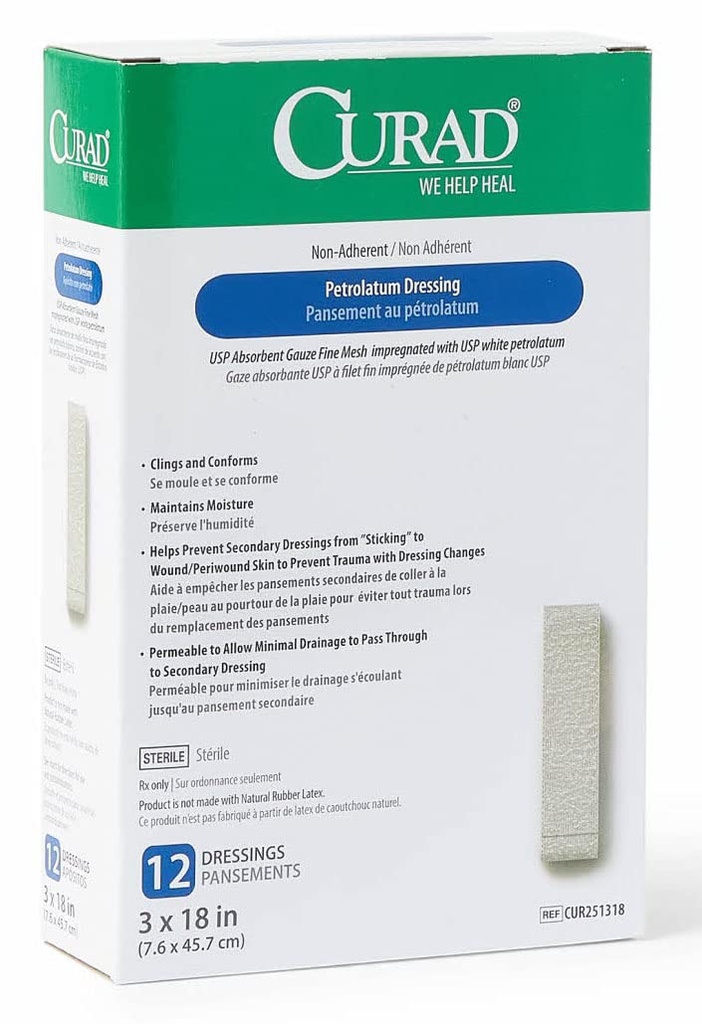 Curad Sterile Latex Free Petrolatum Gauze Dressing, 3" x 18" (Pacote de 72)